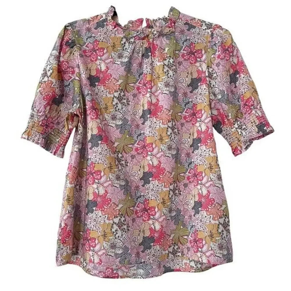 J. Crew Liberty print Floral Smocked Neck Blouse in Pink, Yellow & Green